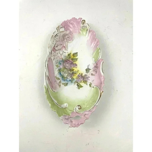 VTG Pink Green Porcelain Celery Dish Cut Out Handles Gold Accent Estate Find - Picture 8 of 14